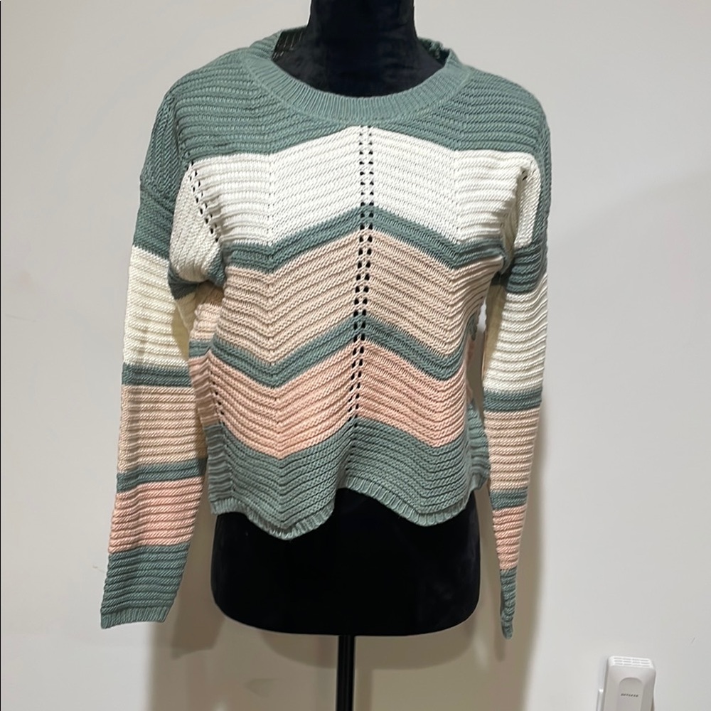 Green and Pink Chevron Crew Neck Sweater